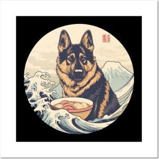 German Shepherd Eating Sushi, Great Wave Hokusai Posters and Art
